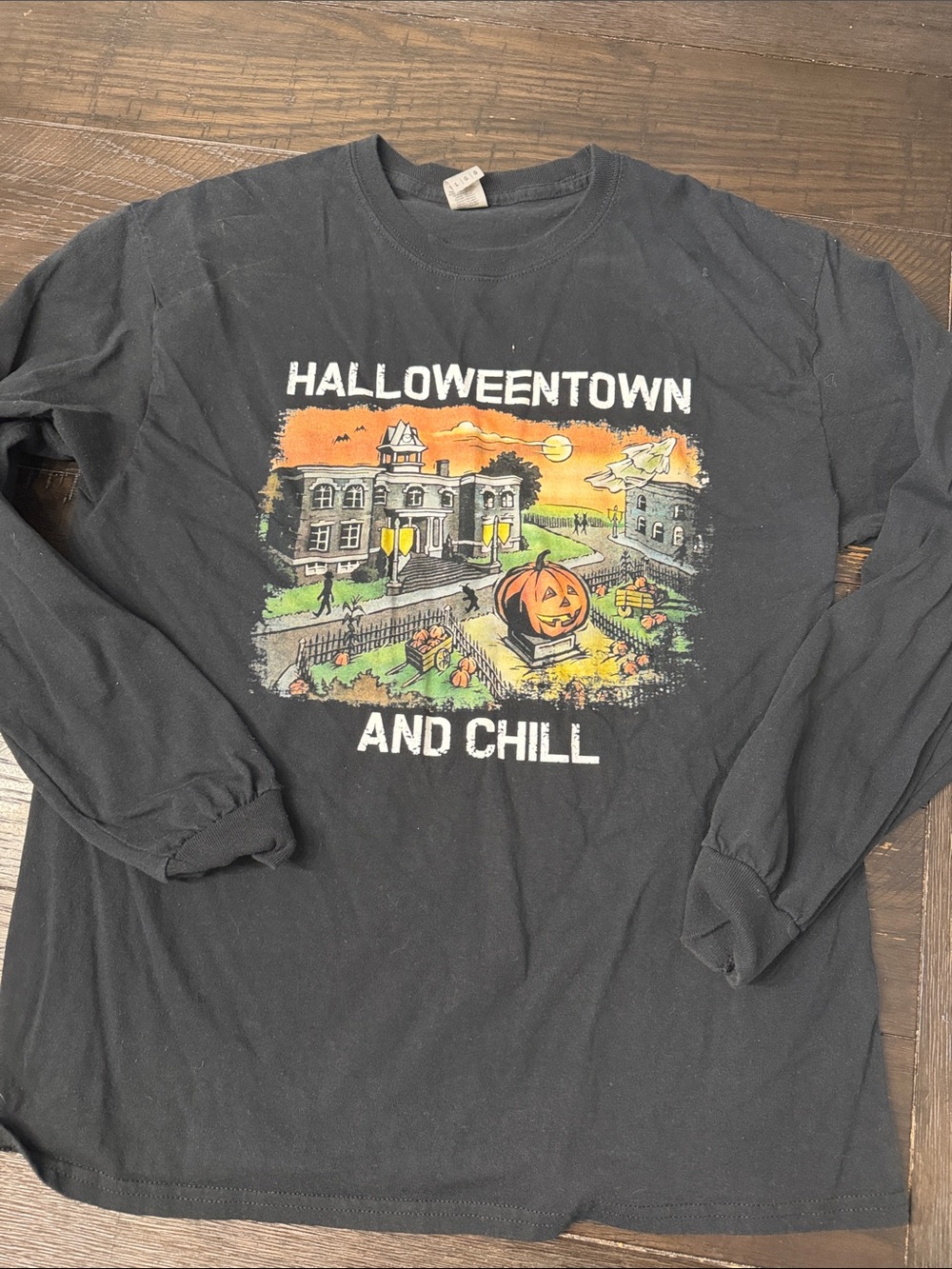Halloweentown And Chill Black Graphic Long Sleeve Tee